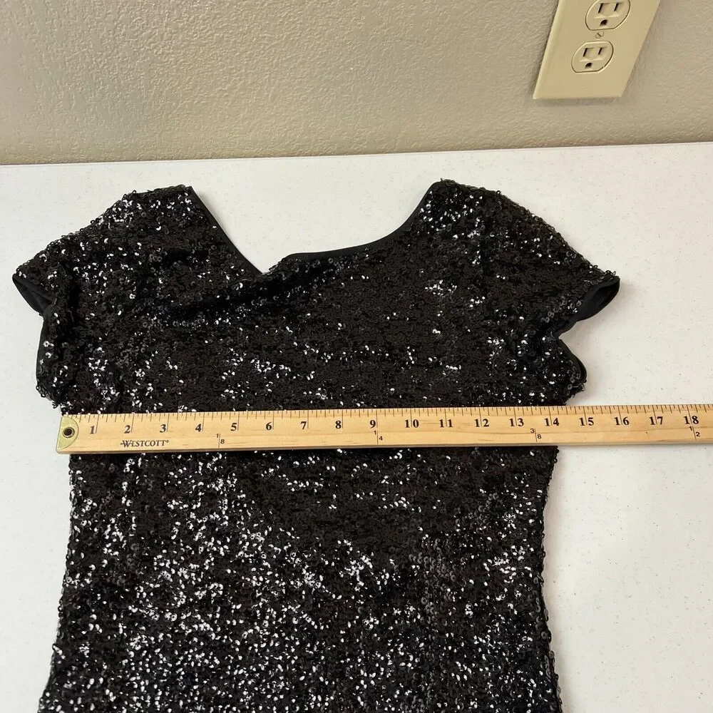 BLACK Mini Dress Small Black Sequined Short Sleeve Open Back Cocktail - Picture 8 of 12